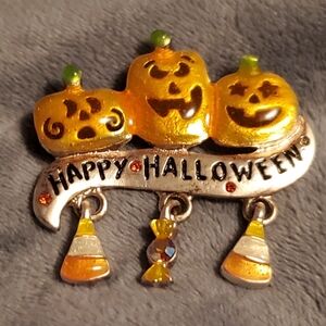 Vintage AJMC Metal & Enamel Halloween 3 Pumpkins Brooch Pin